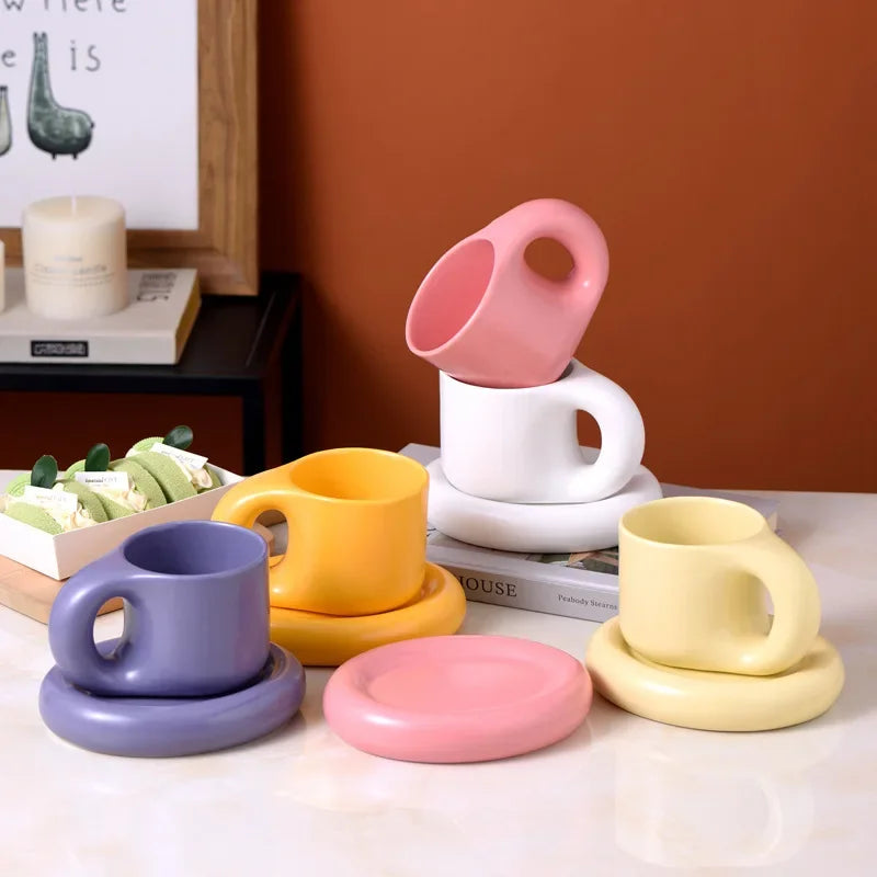 Solid Color Ceramic Mug Dish Set Creative Handle Coffee Mug Home Breakfast Cup Beverage Cup Milk Cup High Beauty Couple Cups