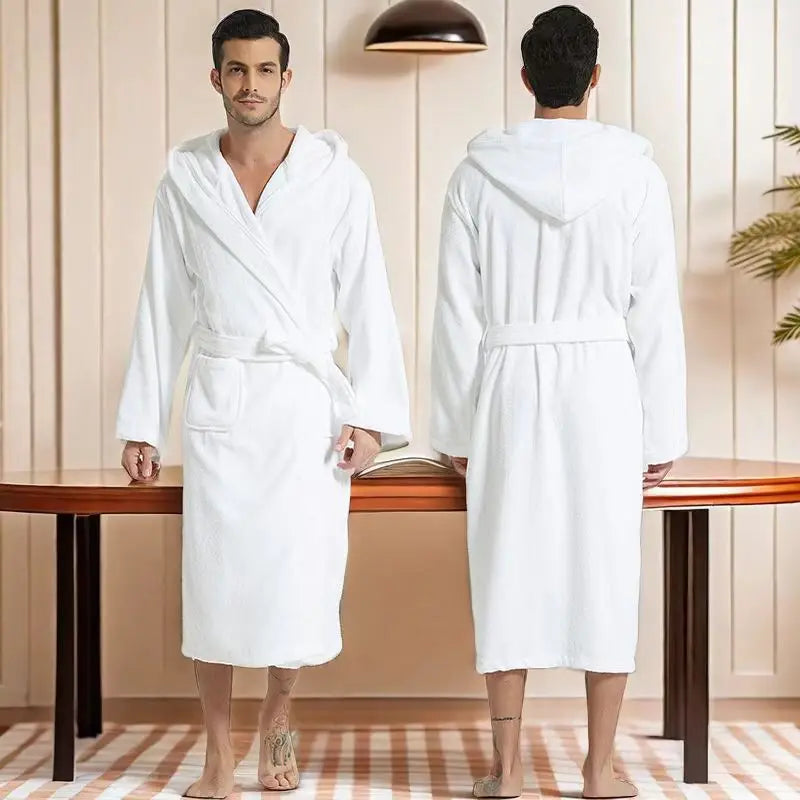 Cotton Hooded Bathrobe Men 100%Long Terry Towel Big and Tall Towel