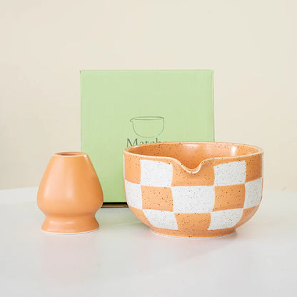 Ceramic Matcha Bowl Checkered Pattern Large Capacity High Temperature Resistant Green Tea Maker Cup Tea Ceremony Tool