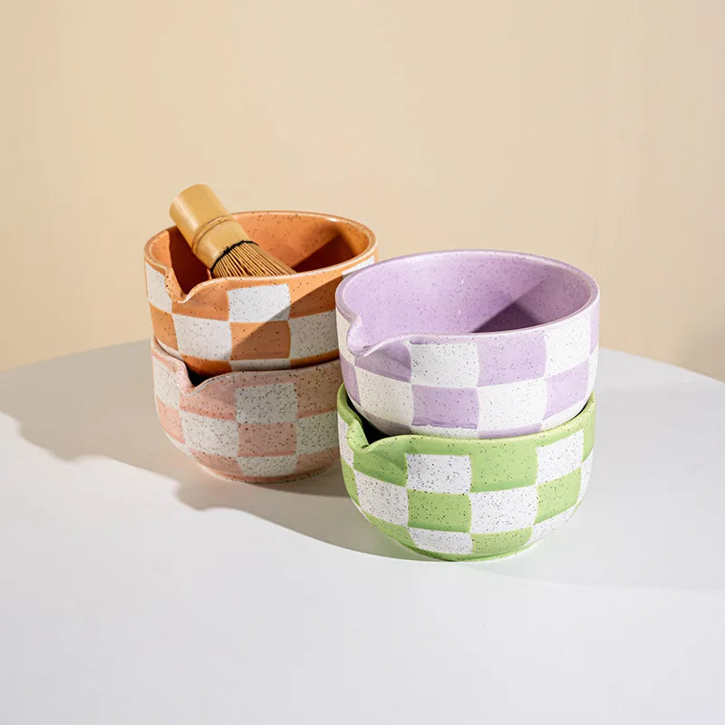 Ceramic Matcha Bowl Checkered Pattern Large Capacity High Temperature Resistant Green Tea Maker Cup Tea Ceremony Tool