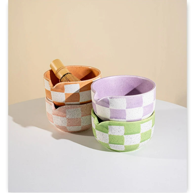 Ceramic Matcha Bowl Checkered Pattern Large Capacity High Temperature Resistant Green Tea Maker Cup Tea Ceremony Tool