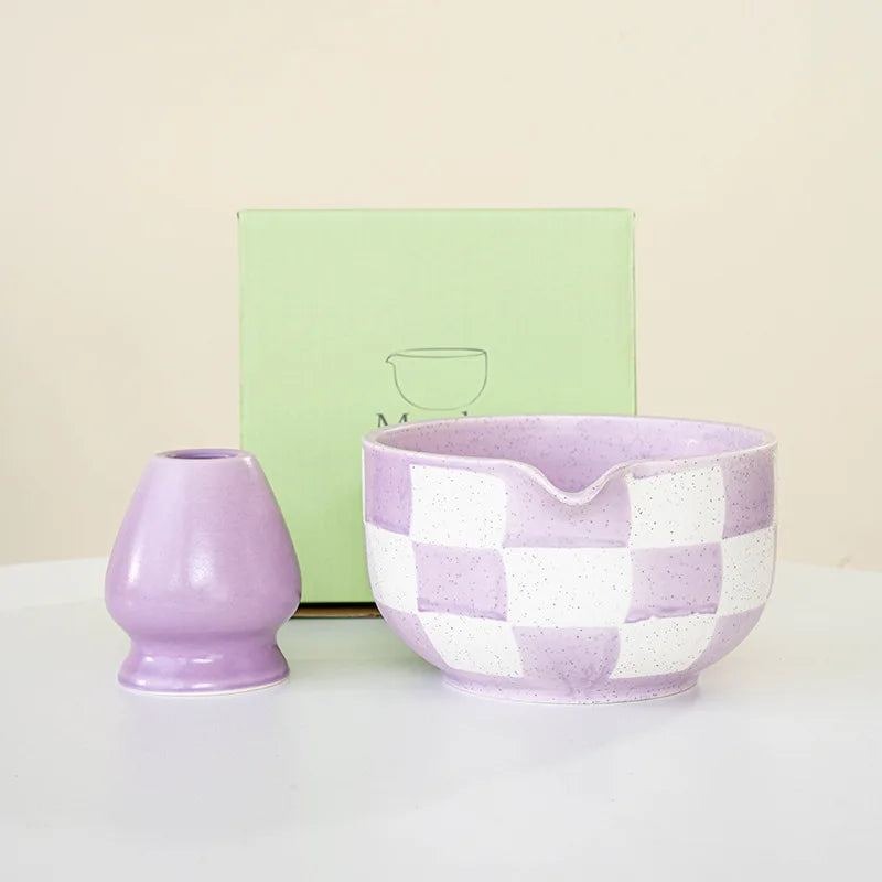Ceramic Matcha Bowl Checkered Pattern Large Capacity High Temperature Resistant Green Tea Maker Cup Tea Ceremony Tool