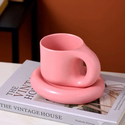 Solid Color Ceramic Mug Dish Set Creative Handle Coffee Mug Home Breakfast Cup Beverage Cup Milk Cup High Beauty Couple Cups