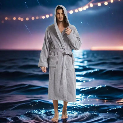 Cotton Hooded Bathrobe Men 100%Long Terry Towel Big and Tall Towel