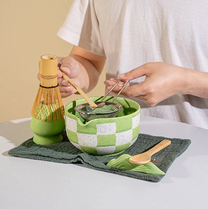 Ceramic Matcha Bowl Checkered Pattern Large Capacity High Temperature Resistant Green Tea Maker Cup Tea Ceremony Tool